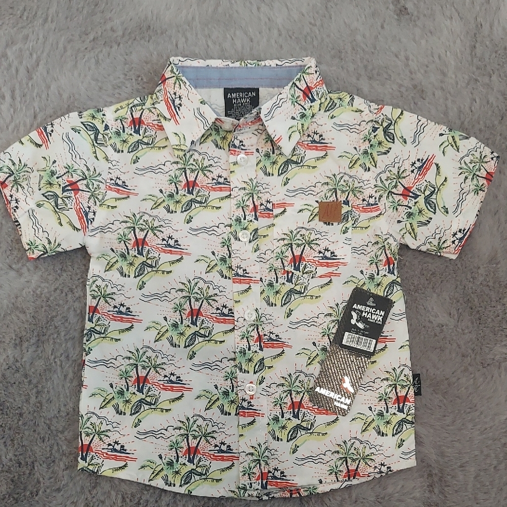 White and Green Tropical Button Down Shirt